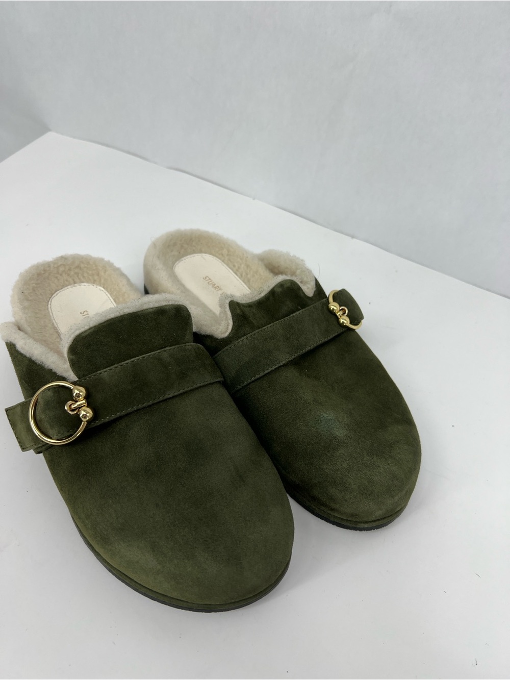 Stuart Weitzman Olive Green Suede Shearling-Trim Mules with Gold Ring - Picture 3 of 11